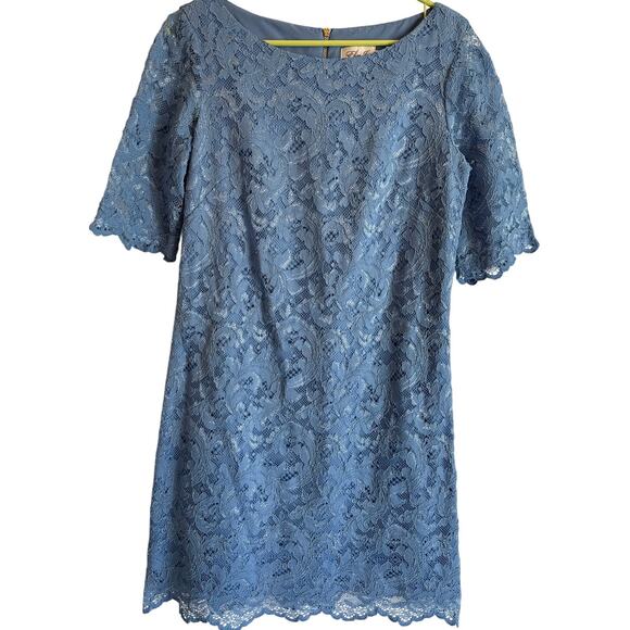 Eliza J Light Blue Lace Sheath Semi-Formal Cocktail Dress Scallop Hem Womens 10 - Picture 1 of 11